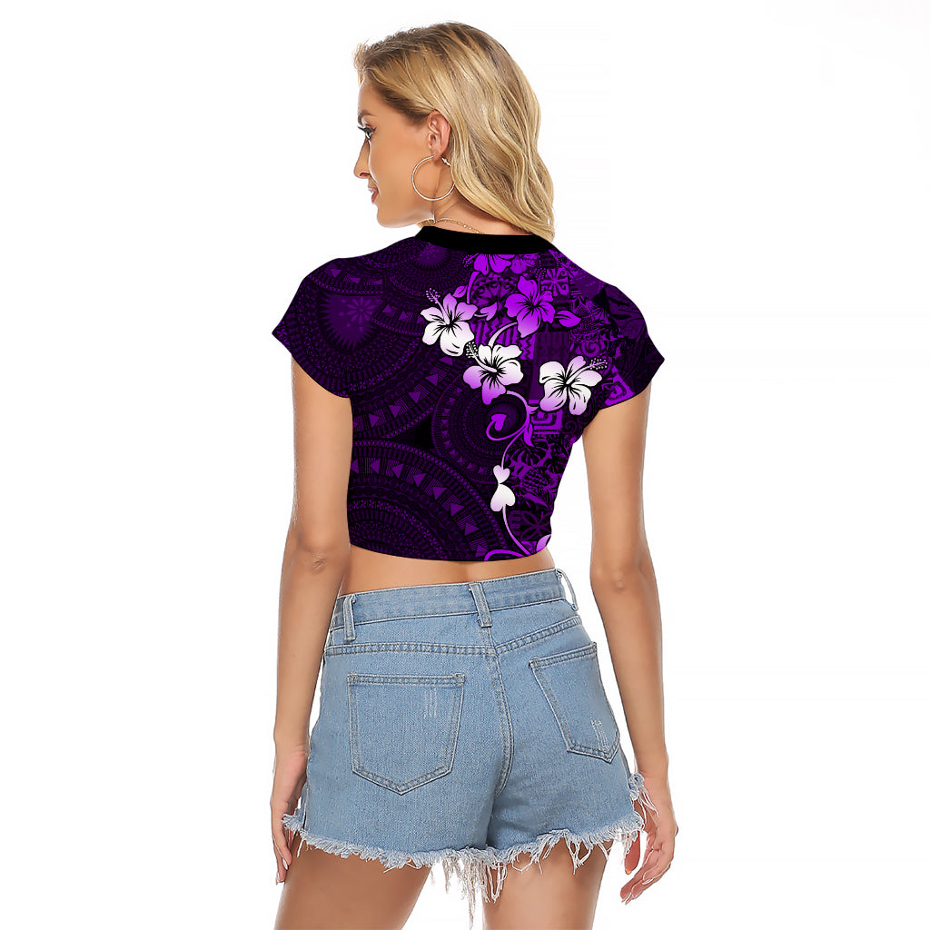 Fiji Masi Raglan Cropped T Shirt Fijian Hibiscus Tapa Purple Version LT01 - Polynesian Pride