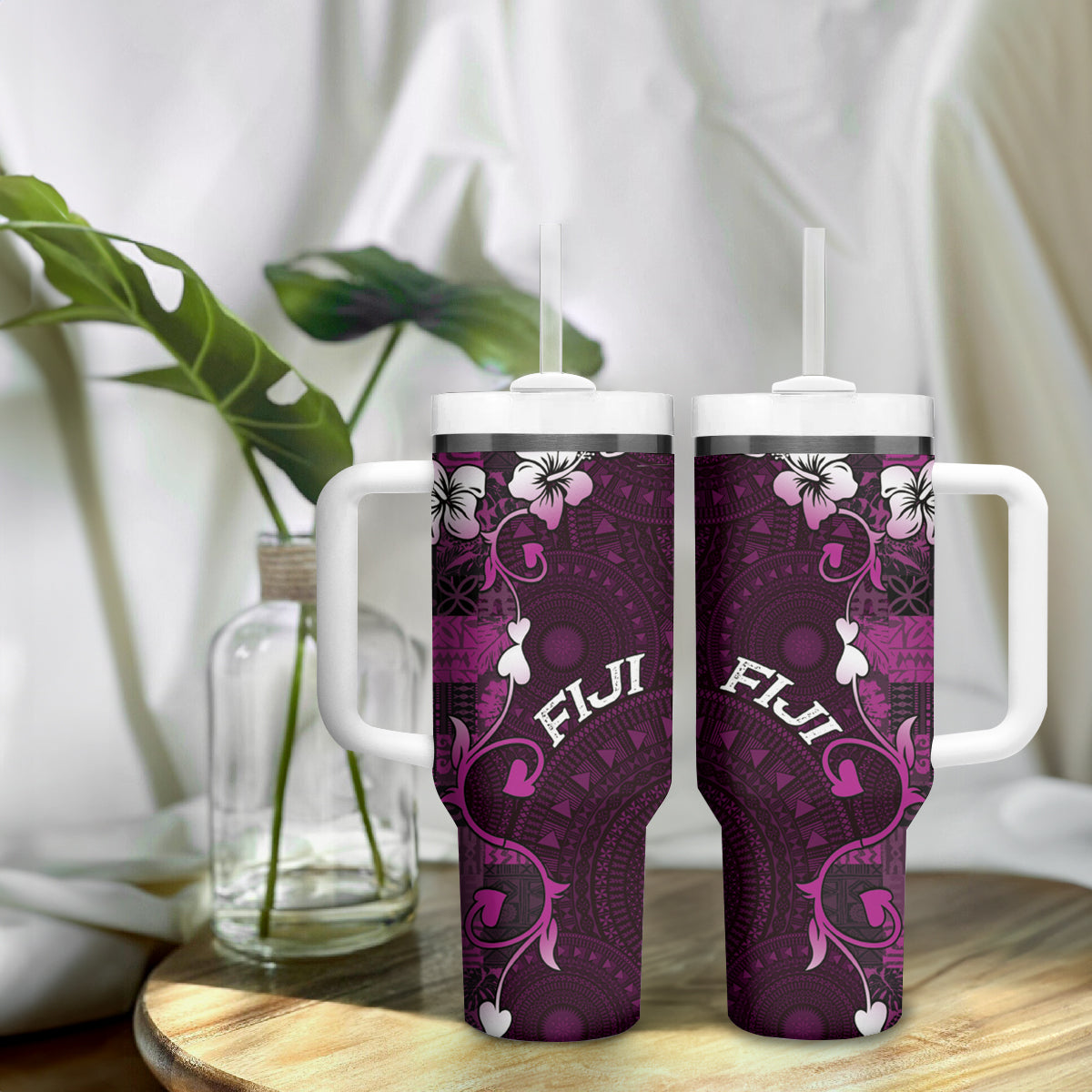 Fiji Masi Tumbler With Handle Fijian Hibiscus Tapa Purple Version LT01 - Polynesian Pride