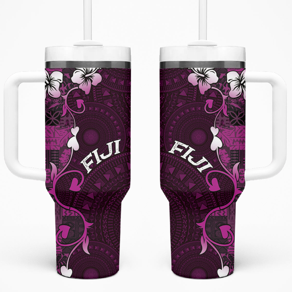 Fiji Masi Tumbler With Handle Fijian Hibiscus Tapa Purple Version LT01 One Size: 40 oz Purple - Polynesian Pride