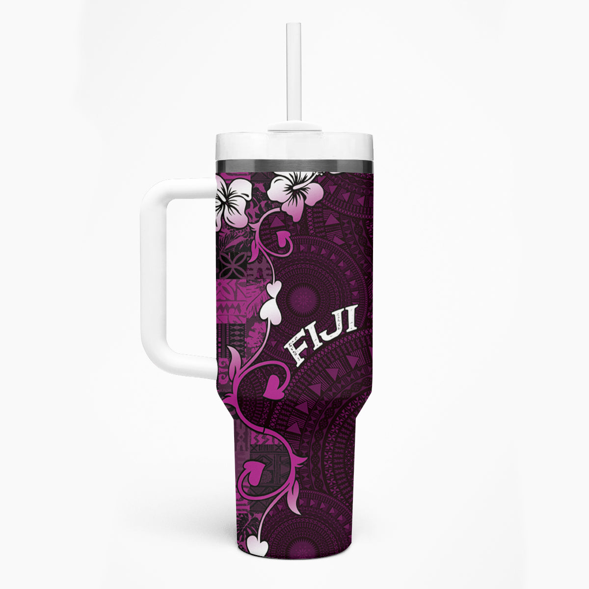 Fiji Masi Tumbler With Handle Fijian Hibiscus Tapa Purple Version LT01 - Polynesian Pride
