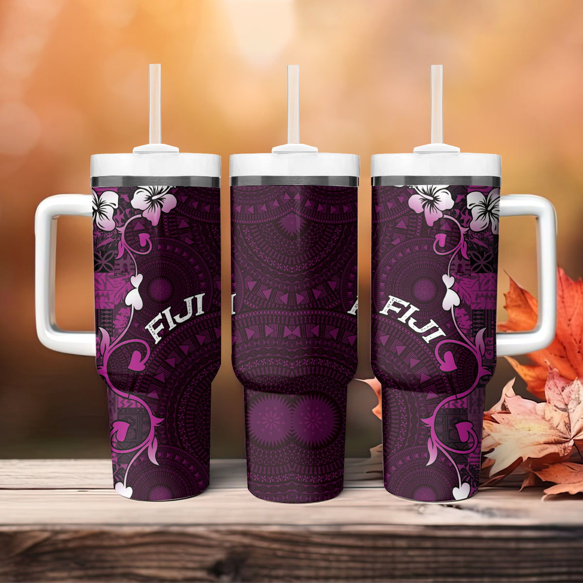 Fiji Masi Tumbler With Handle Fijian Hibiscus Tapa Purple Version LT01 - Polynesian Pride