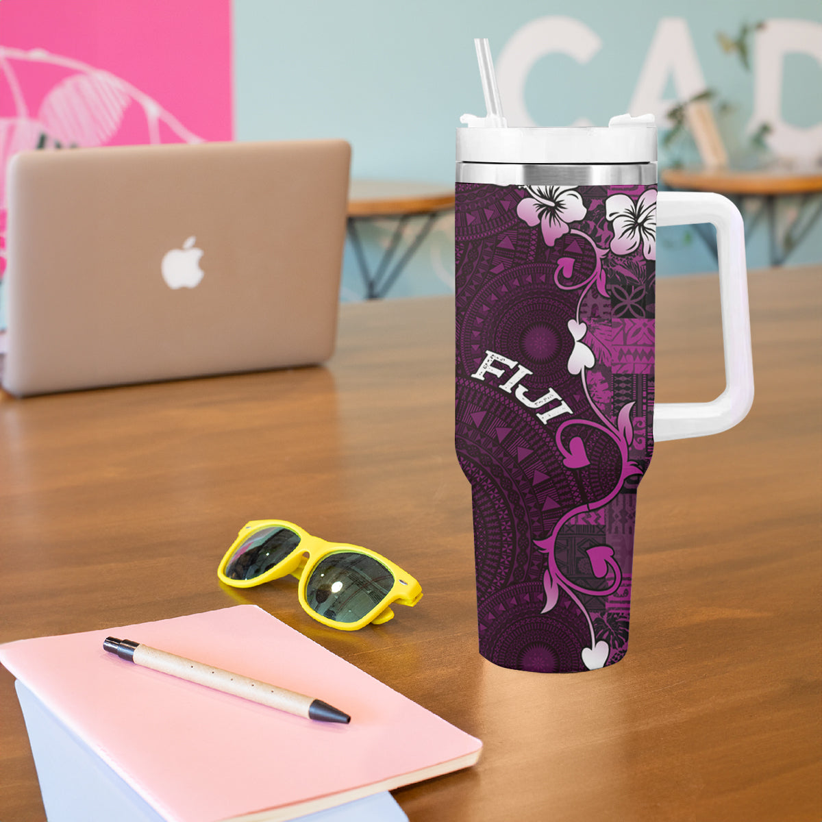 Fiji Masi Tumbler With Handle Fijian Hibiscus Tapa Purple Version LT01 - Polynesian Pride