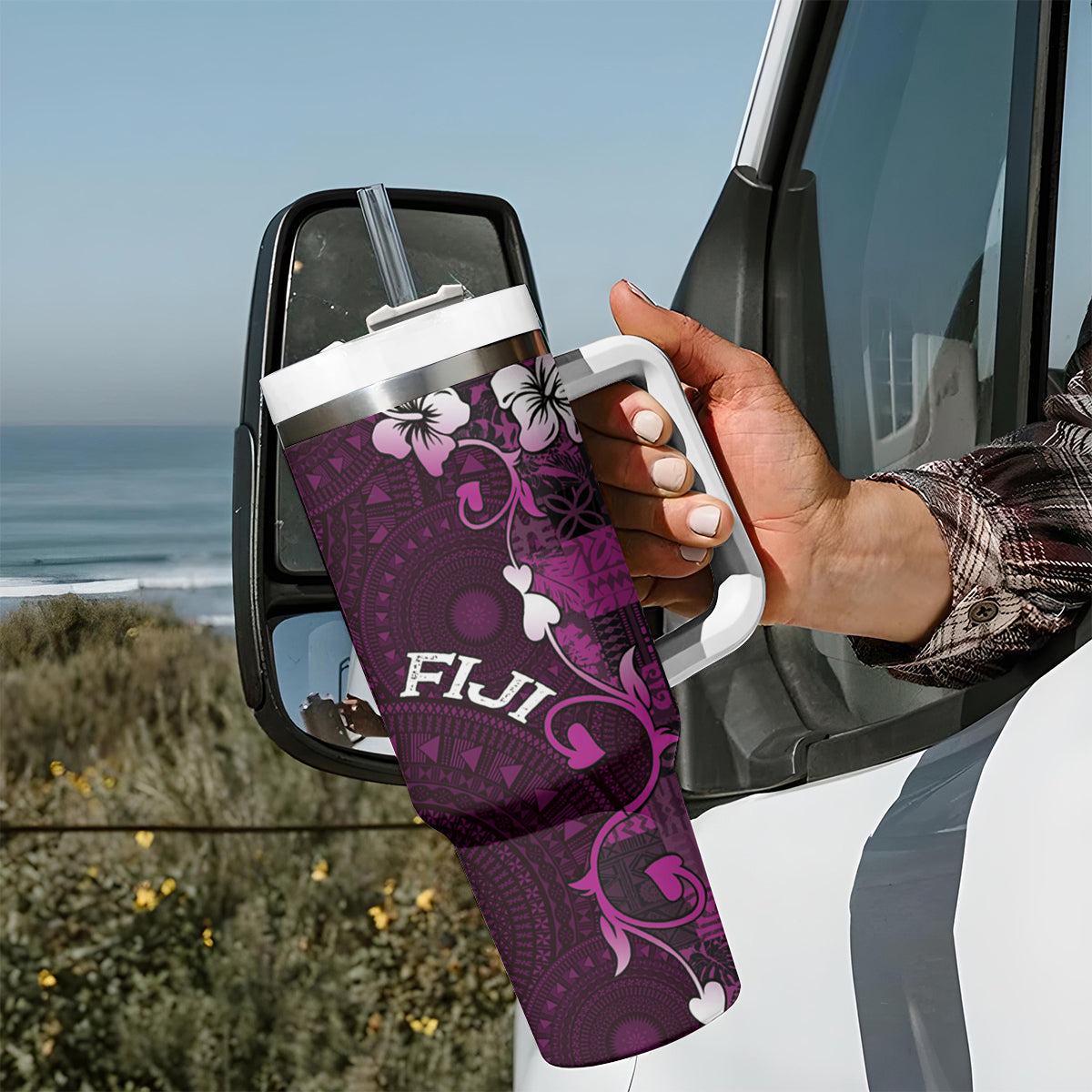 Fiji Masi Tumbler With Handle Fijian Hibiscus Tapa Purple Version LT01 - Polynesian Pride
