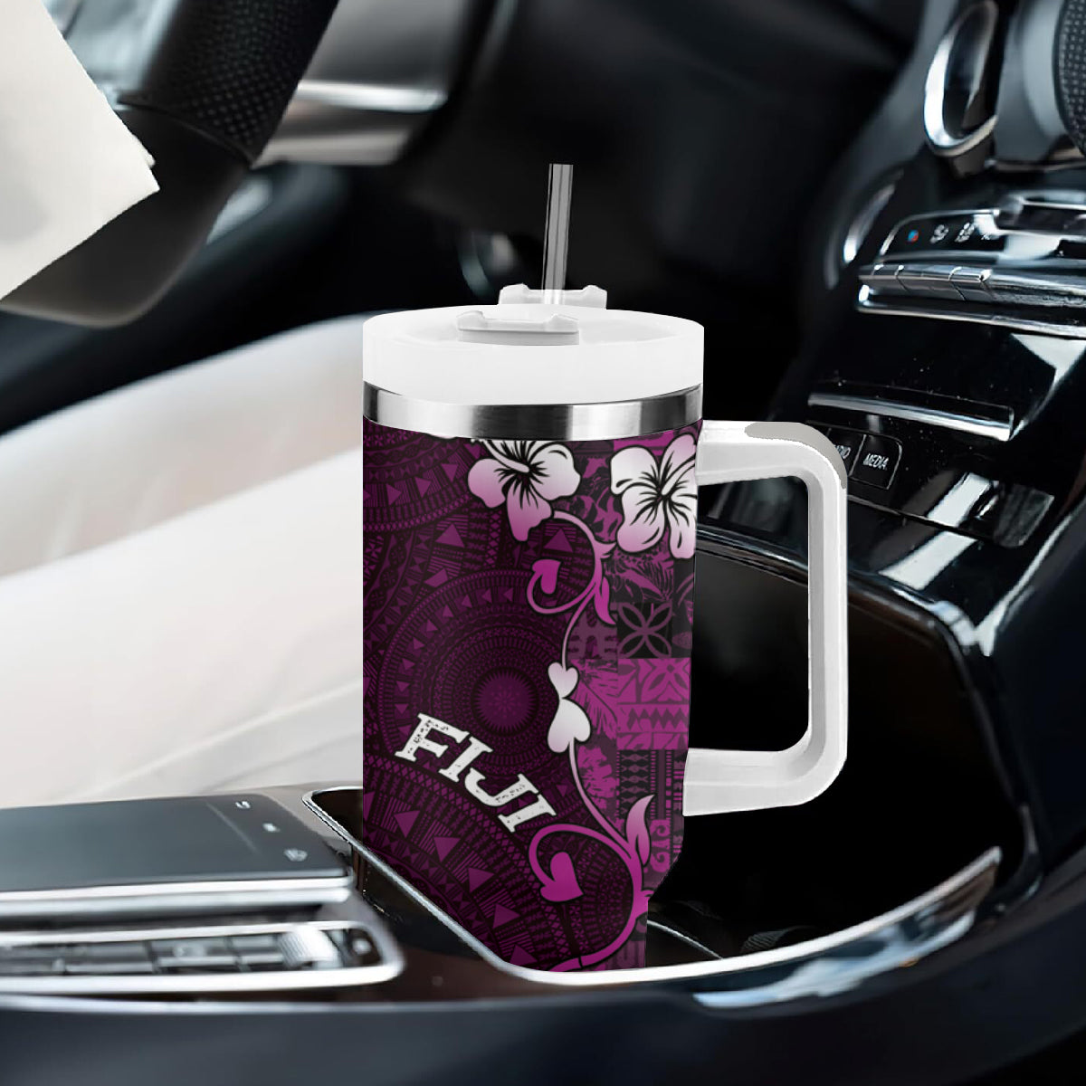 Fiji Masi Tumbler With Handle Fijian Hibiscus Tapa Purple Version LT01 - Polynesian Pride