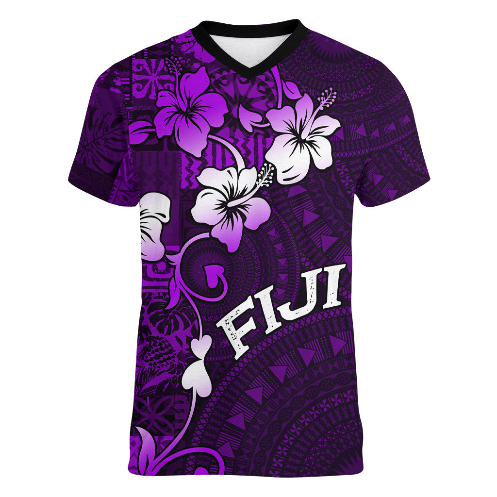 Fiji Masi Women V Neck T Shirt Fijian Hibiscus Tapa Purple Version LT01 Female Purple - Polynesian Pride