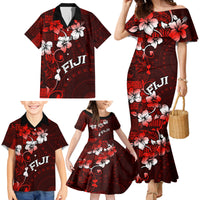 Fiji Masi Family Matching Mermaid Dress and Hawaiian Shirt Fijian Hibiscus Tapa Red Version LT01 - Polynesian Pride