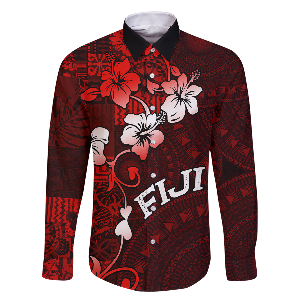 Fiji Masi Family Matching Off Shoulder Long Sleeve Dress and Hawaiian Shirt Fijian Hibiscus Tapa Red Version LT01 Dad's Shirt - Long Sleeve Red - Polynesian Pride