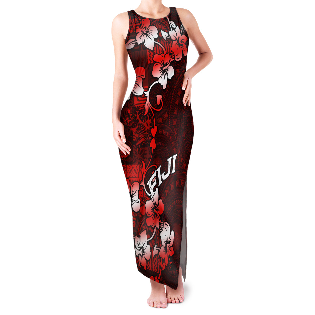 Fiji Masi Family Matching Tank Maxi Dress and Hawaiian Shirt Fijian Hibiscus Tapa Red Version LT01 Mom's Dress Red - Polynesian Pride