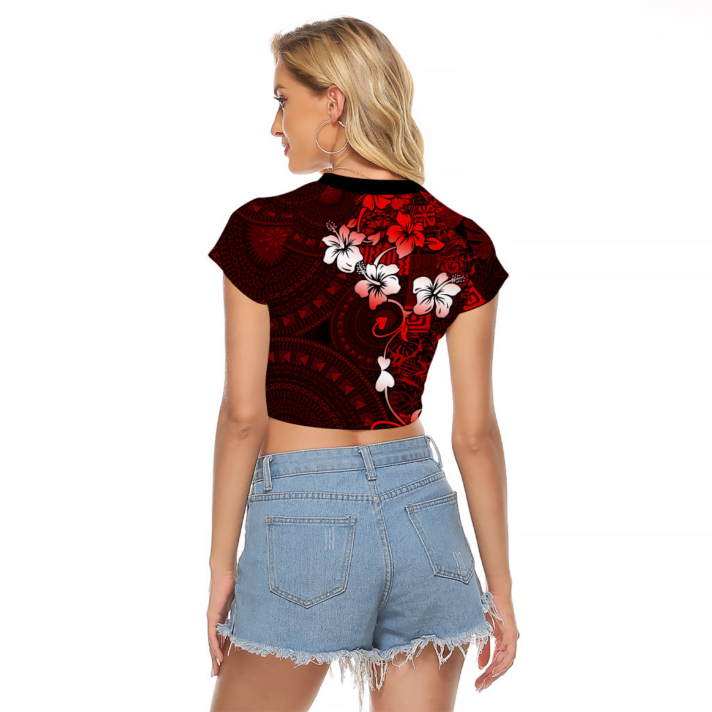Fiji Masi Raglan Cropped T Shirt Fijian Hibiscus Tapa Red Version LT01 - Polynesian Pride