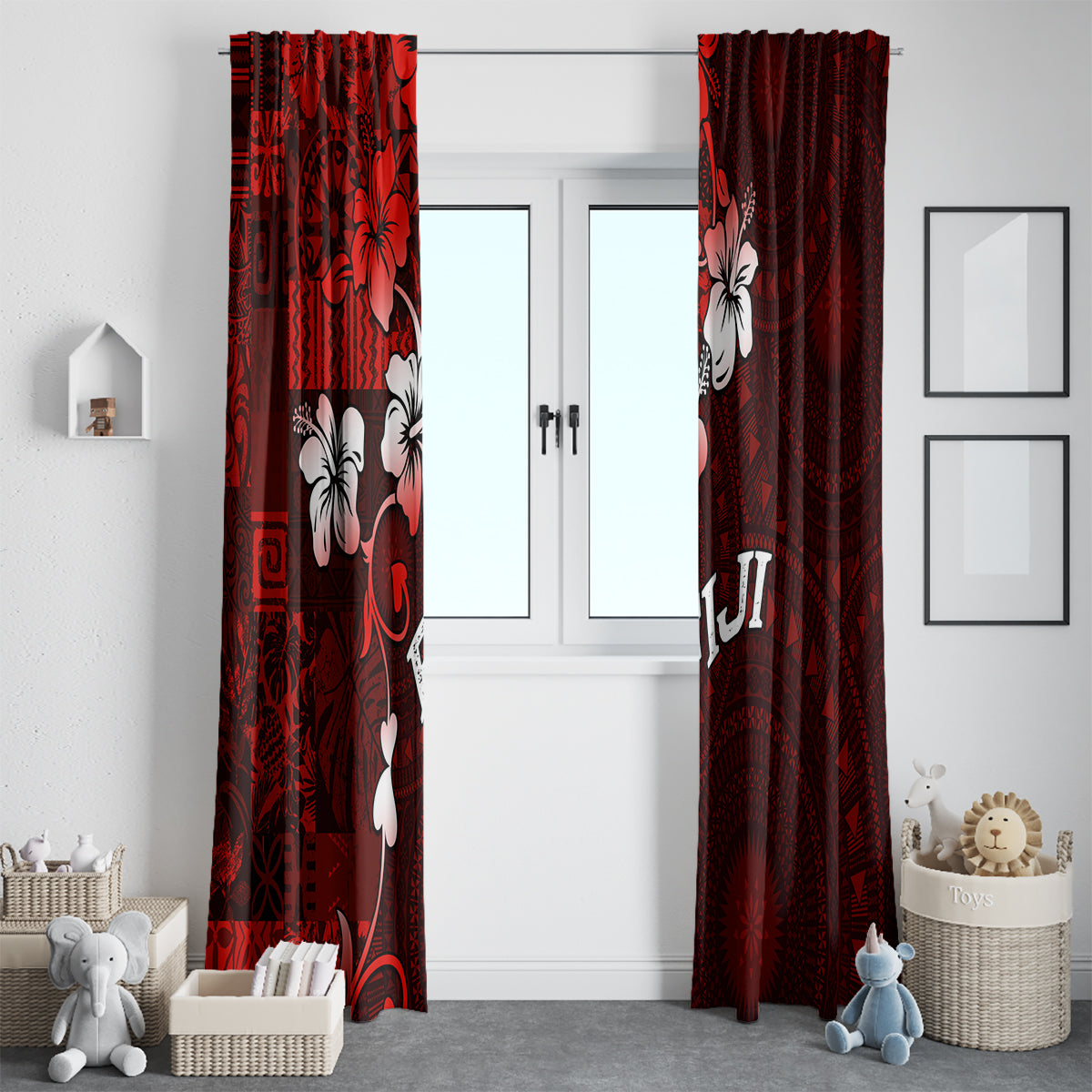 Fiji Masi Window Curtain Fijian Hibiscus Tapa Red Version LT01 - Polynesian Pride