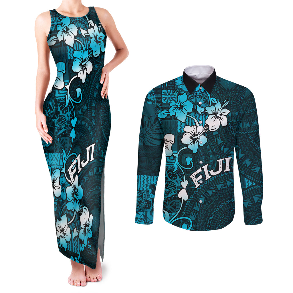 Fiji Masi Couples Matching Tank Maxi Dress and Long Sleeve Button Shirt Fijian Hibiscus Tapa Sky Blue Version LT01 Blue - Polynesian Pride