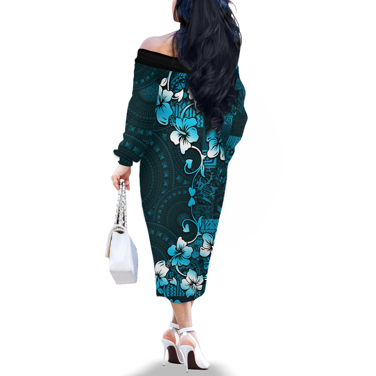 Fiji Masi Family Matching Off Shoulder Long Sleeve Dress and Hawaiian Shirt Fijian Hibiscus Tapa Sky Blue Version LT01 - Polynesian Pride