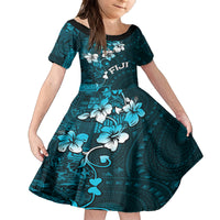 Fiji Masi Family Matching Off Shoulder Short Dress and Hawaiian Shirt Fijian Hibiscus Tapa Sky Blue Version LT01 Daughter's Dress Blue - Polynesian Pride