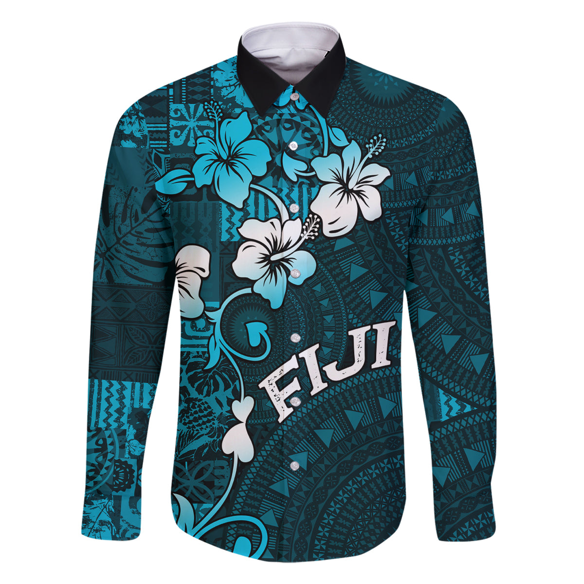 Fiji Masi Family Matching Tank Maxi Dress and Hawaiian Shirt Fijian Hibiscus Tapa Sky Blue Version LT01 Dad's Shirt - Long Sleeve Blue - Polynesian Pride