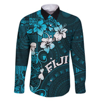Fiji Masi Family Matching Tank Maxi Dress and Hawaiian Shirt Fijian Hibiscus Tapa Sky Blue Version LT01 Dad's Shirt - Long Sleeve Blue - Polynesian Pride