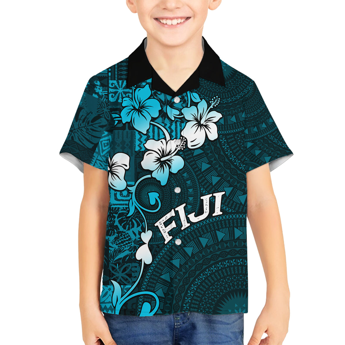 Fiji Masi Family Matching Tank Maxi Dress and Hawaiian Shirt Fijian Hibiscus Tapa Sky Blue Version LT01 Son's Shirt Blue - Polynesian Pride