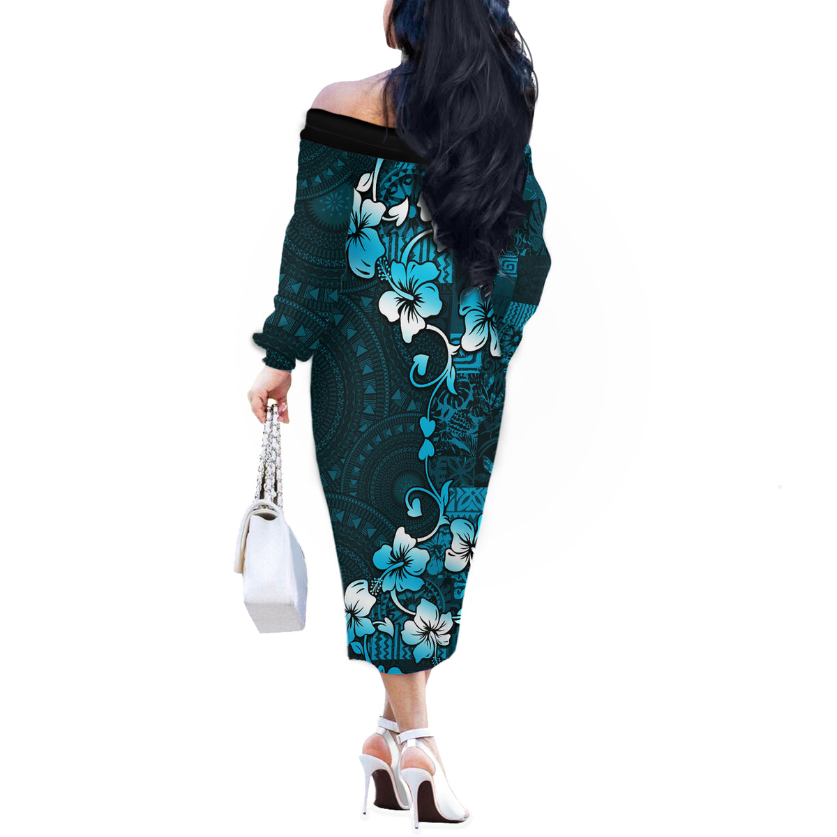 Fiji Masi Off The Shoulder Long Sleeve Dress Fijian Hibiscus Tapa Sky Blue Version LT01 - Polynesian Pride