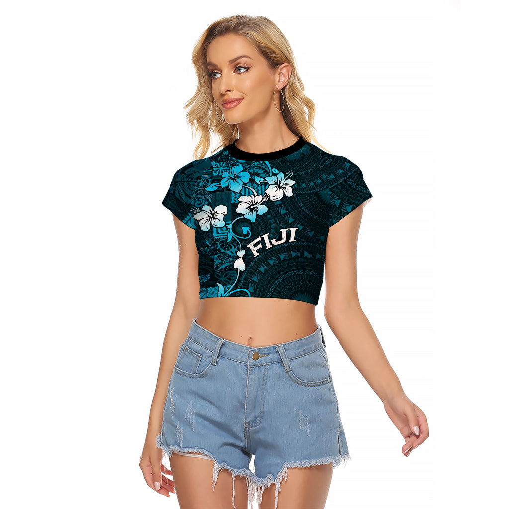 Fiji Masi Raglan Cropped T Shirt Fijian Hibiscus Tapa Sky Blue Version LT01 Female Blue - Polynesian Pride