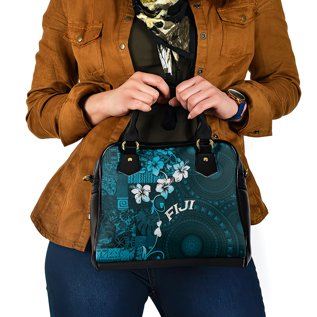 Fiji Masi Shoulder Handbag Fijian Hibiscus Tapa Sky Blue Version LT01 - Polynesian Pride