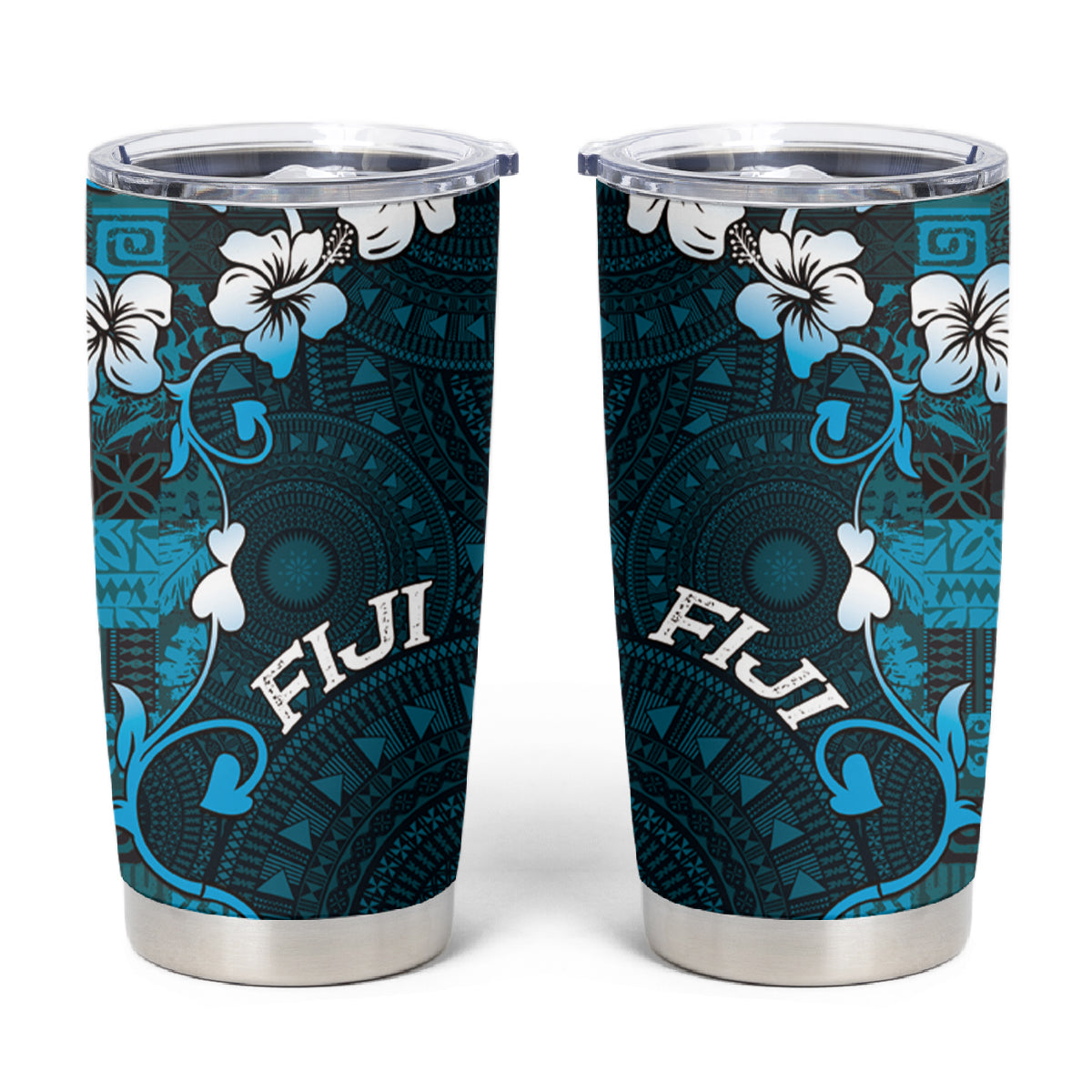 Fiji Masi Tumbler Cup Fijian Hibiscus Tapa Sky Blue Version LT01 Blue - Polynesian Pride