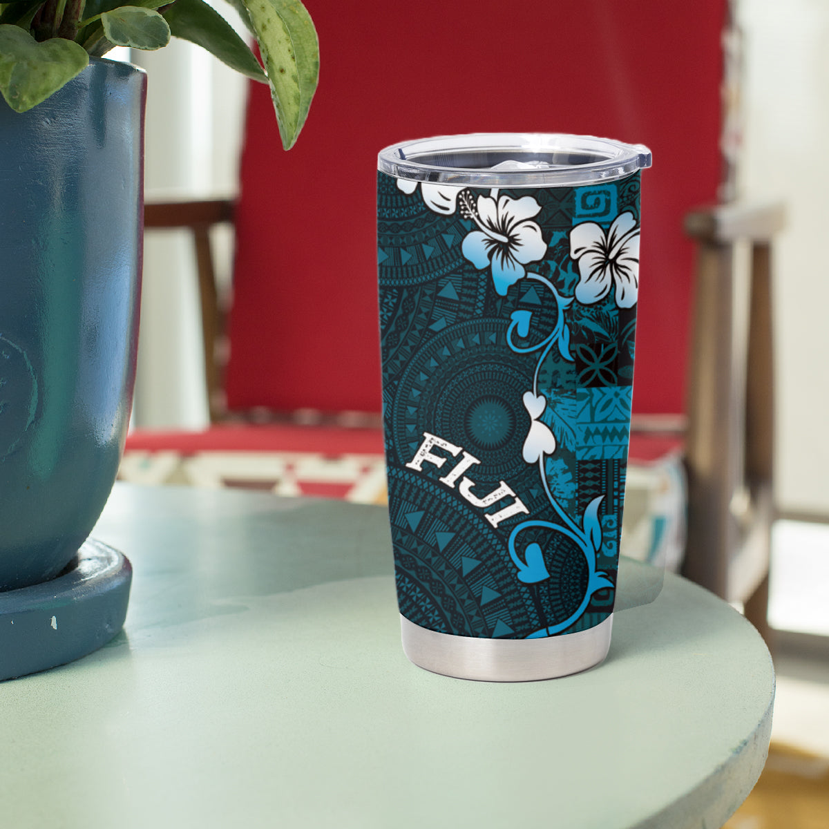 Fiji Masi Tumbler Cup Fijian Hibiscus Tapa Sky Blue Version LT01 - Polynesian Pride
