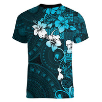 Fiji Masi Women V Neck T Shirt Fijian Hibiscus Tapa Sky Blue Version LT01 - Polynesian Pride
