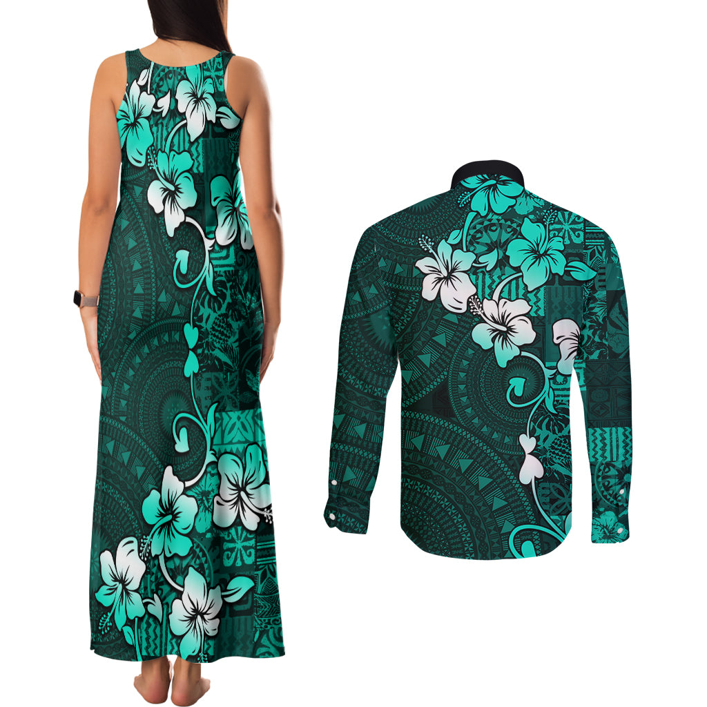Fiji Masi Couples Matching Tank Maxi Dress and Long Sleeve Button Shirt Fijian Hibiscus Tapa Turquoise Version LT01 - Polynesian Pride
