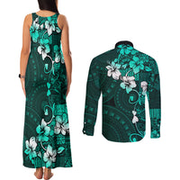 Fiji Masi Couples Matching Tank Maxi Dress and Long Sleeve Button Shirt Fijian Hibiscus Tapa Turquoise Version LT01 - Polynesian Pride
