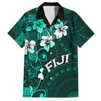 Fiji Masi Family Matching Off Shoulder Maxi Dress and Hawaiian Shirt Fijian Hibiscus Tapa Turquoise Version LT01 Dad's Shirt - Short Sleeve Turquoise - Polynesian Pride