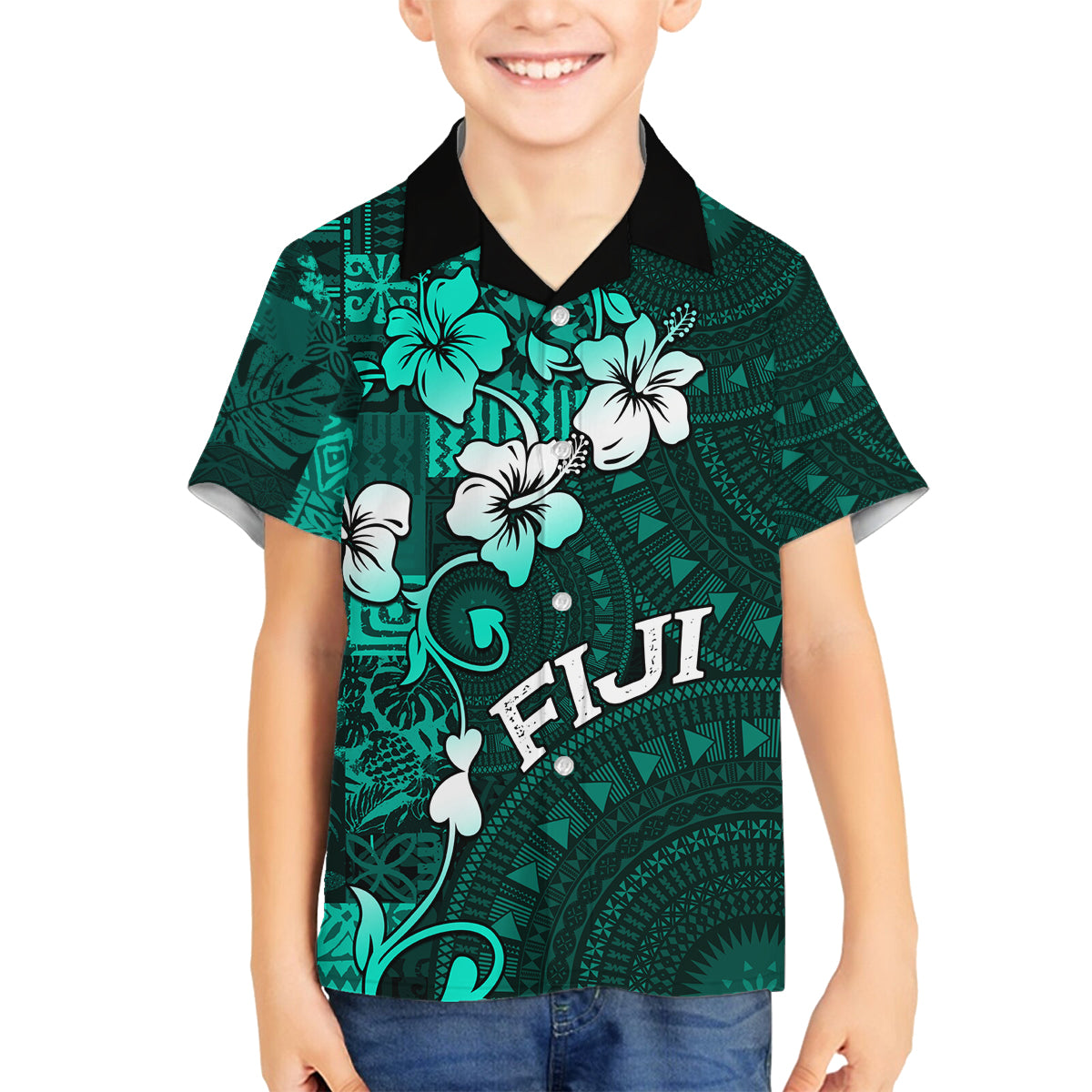 Fiji Masi Family Matching Off Shoulder Maxi Dress and Hawaiian Shirt Fijian Hibiscus Tapa Turquoise Version LT01 Son's Shirt Turquoise - Polynesian Pride