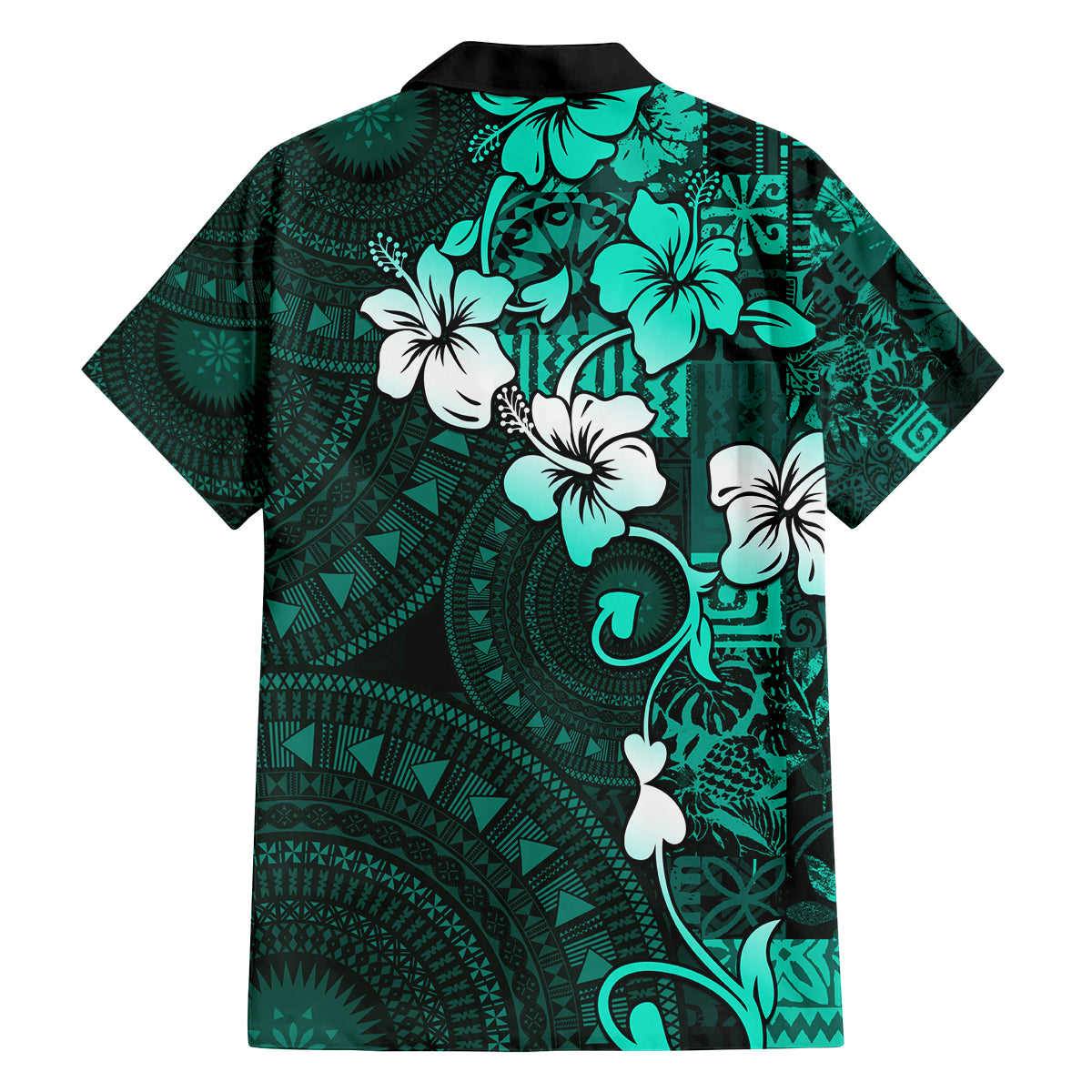 Fiji Masi Family Matching Off Shoulder Short Dress and Hawaiian Shirt Fijian Hibiscus Tapa Turquoise Version LT01 - Polynesian Pride