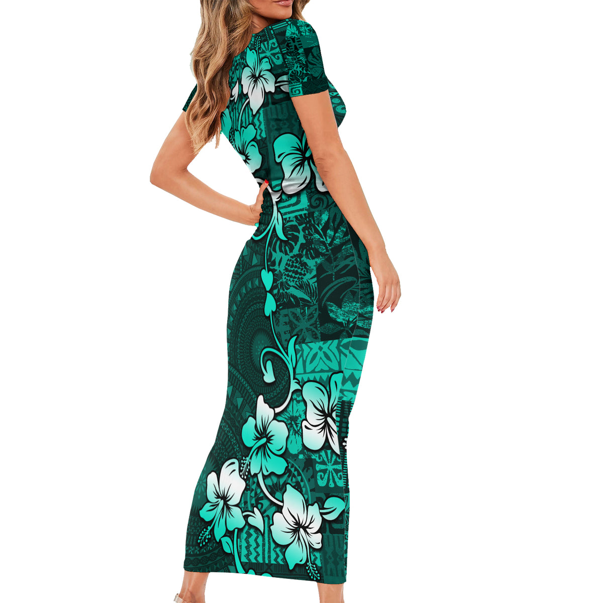 Fiji Masi Family Matching Short Sleeve Bodycon Dress and Hawaiian Shirt Fijian Hibiscus Tapa Turquoise Version LT01 - Polynesian Pride