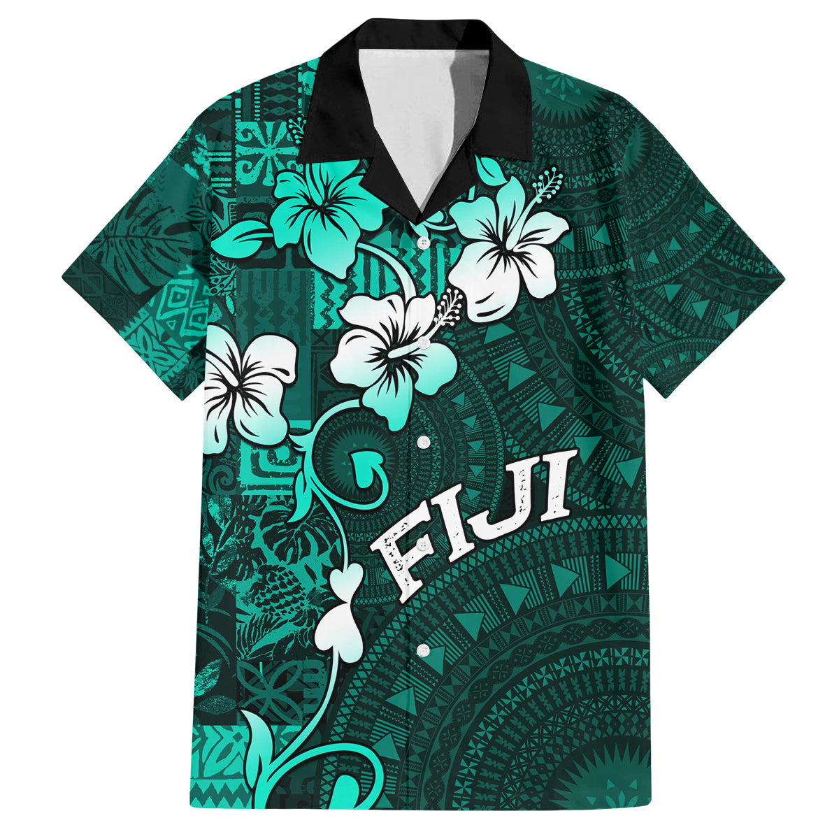 Fiji Masi Family Matching Summer Maxi Dress and Hawaiian Shirt Fijian Hibiscus Tapa Turquoise Version LT01 Dad's Shirt - Short Sleeve Turquoise - Polynesian Pride