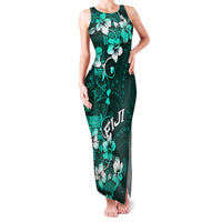 Fiji Masi Family Matching Tank Maxi Dress and Hawaiian Shirt Fijian Hibiscus Tapa Turquoise Version LT01 Mom's Dress Turquoise - Polynesian Pride
