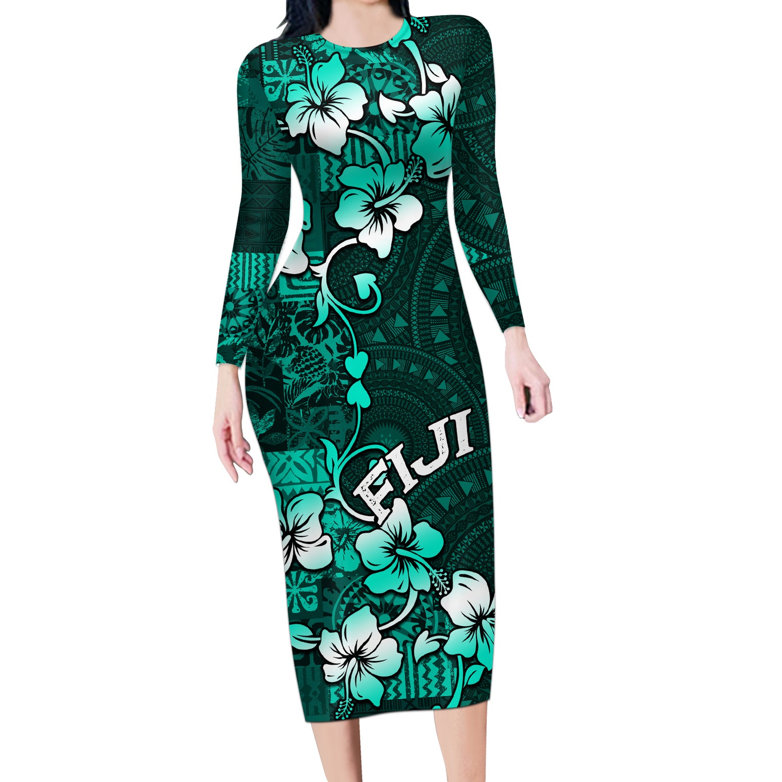 Fiji Masi Long Sleeve Bodycon Dress Fijian Hibiscus Tapa Turquoise Version LT01 Long Dress Turquoise - Polynesian Pride