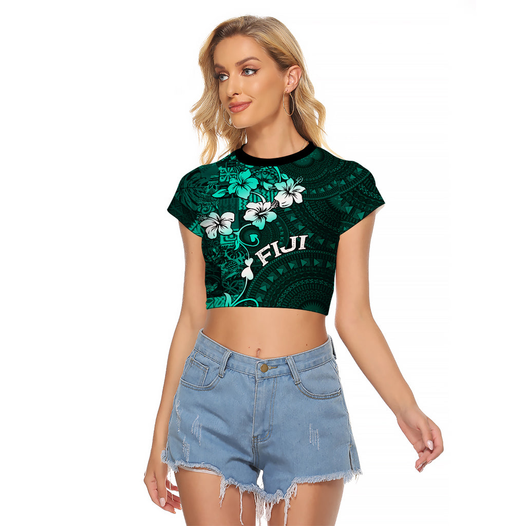 Fiji Masi Raglan Cropped T Shirt Fijian Hibiscus Tapa Turquoise Version LT01 Female Turquoise - Polynesian Pride