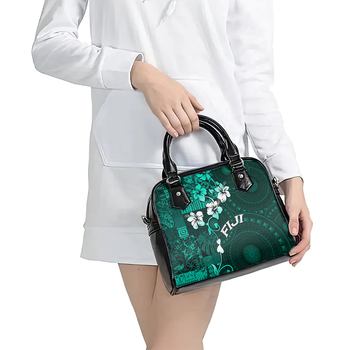 Fiji Masi Shoulder Handbag Fijian Hibiscus Tapa Turquoise Version LT01 - Polynesian Pride