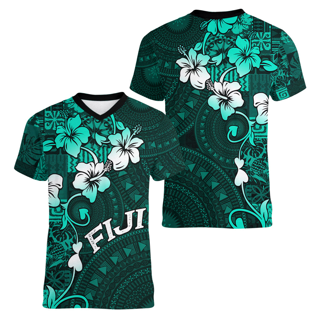 Fiji Masi Women V Neck T Shirt Fijian Hibiscus Tapa Turquoise Version LT01 - Polynesian Pride