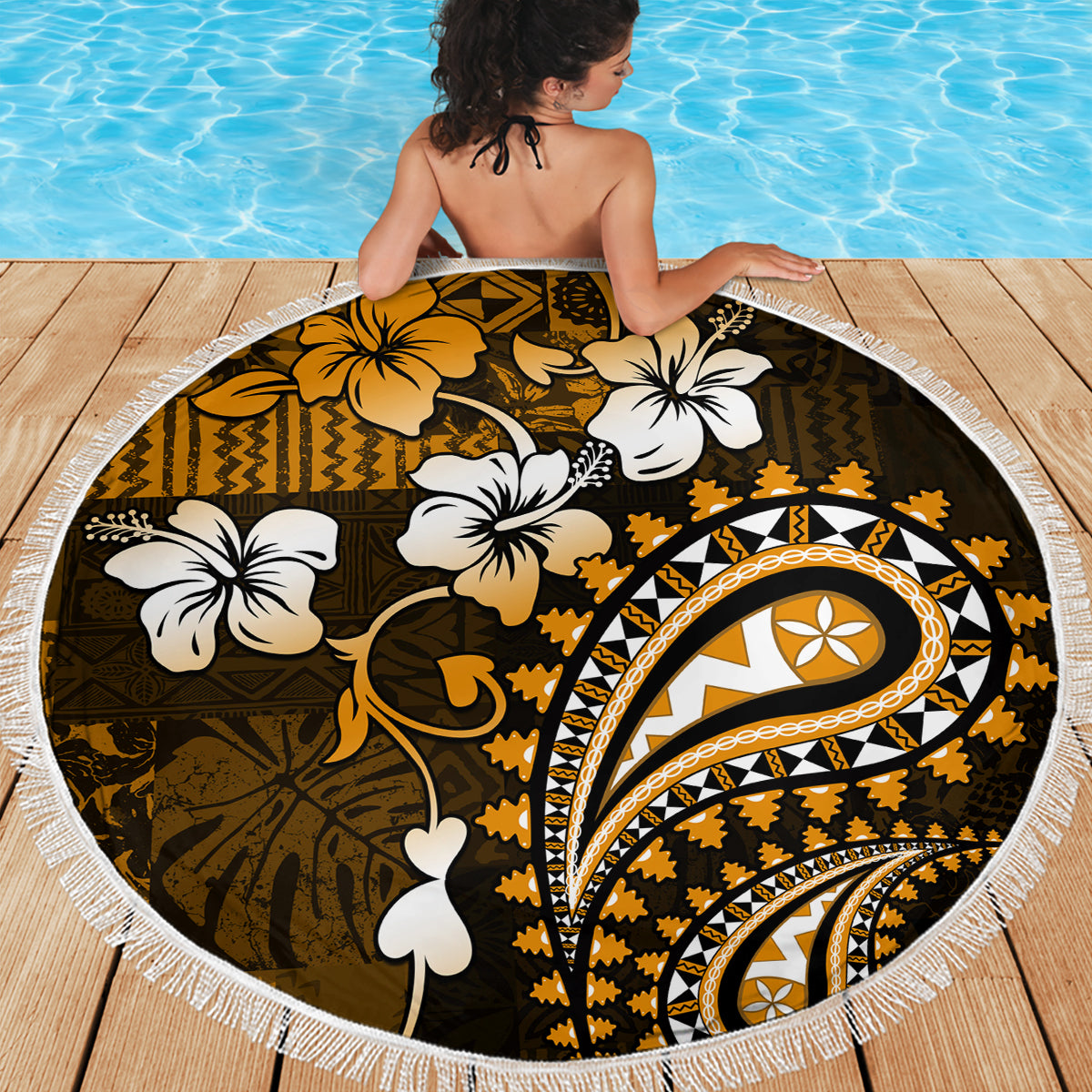 Fiji Masi Paisley With Hibiscus Tapa Beach Blanket Gold Version LT01 - Polynesian Pride