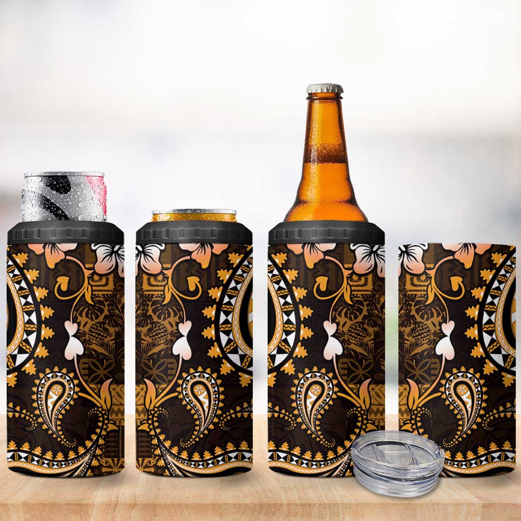 Fiji Masi Paisley With Hibiscus Tapa 4 in 1 Can Cooler Tumbler Gold Version