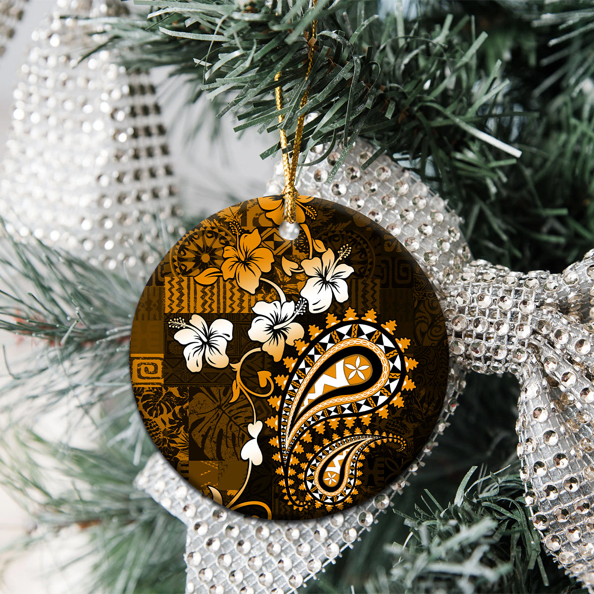 Fiji Masi Paisley With Hibiscus Tapa Ceramic Ornament Gold Version LT01 - Polynesian Pride
