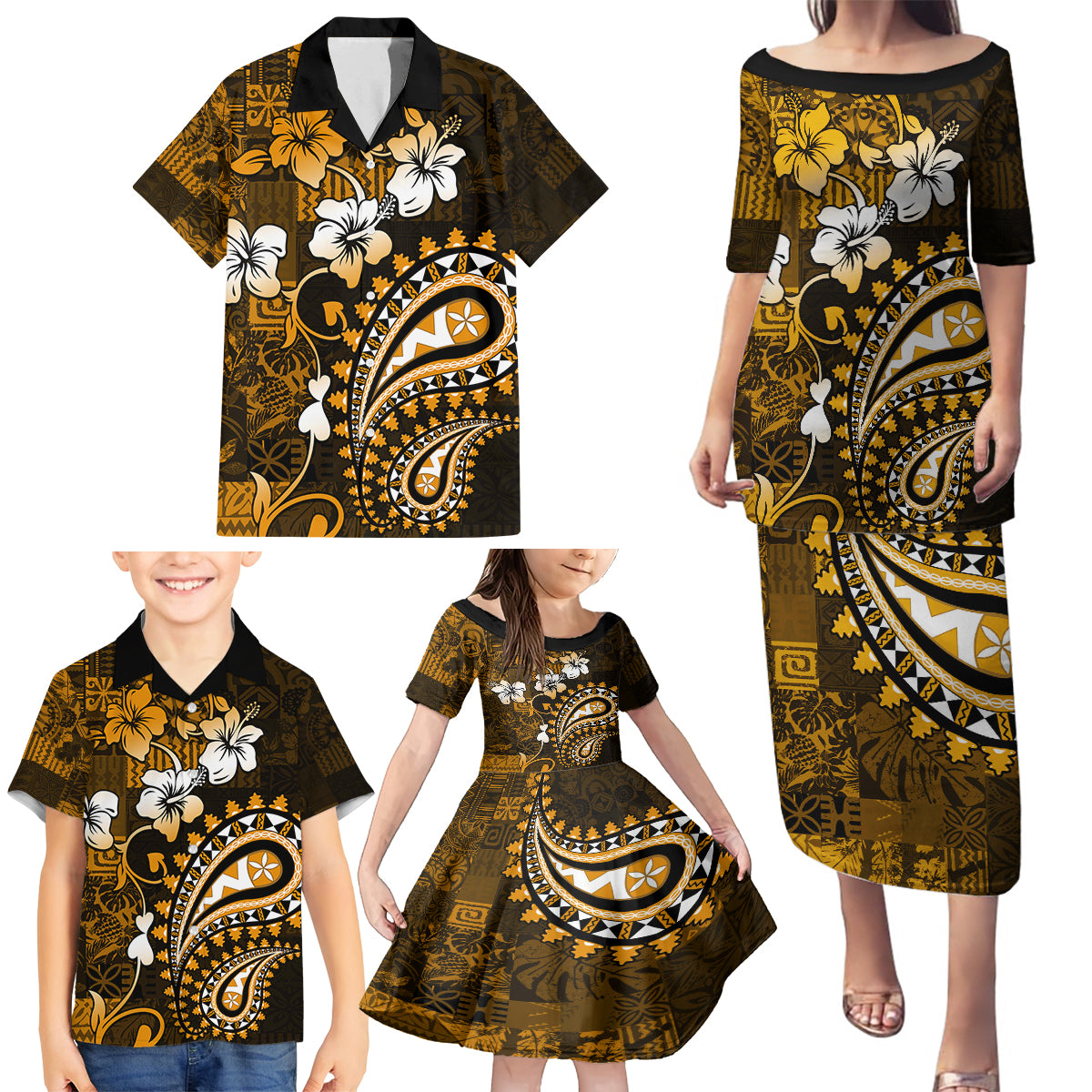 Fiji Masi Paisley With Hibiscus Tapa Family Matching Puletasi Dress and Hawaiian Shirt Gold Version LT01 - Polynesian Pride