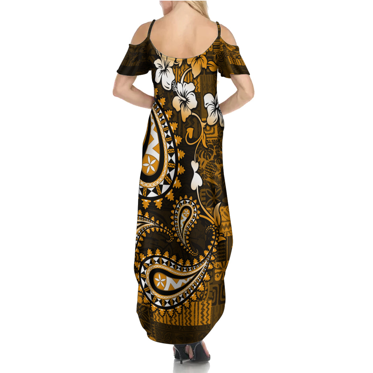 Fiji Masi Paisley With Hibiscus Tapa Family Matching Summer Maxi Dress and Hawaiian Shirt Gold Version LT01 - Polynesian Pride