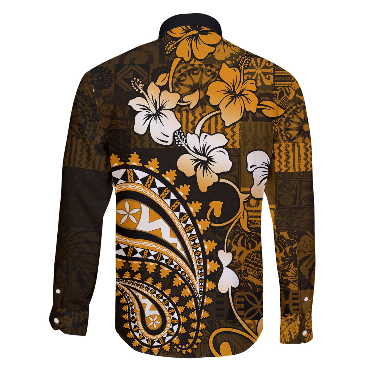 Fiji Masi Paisley With Hibiscus Tapa Family Matching Tank Maxi Dress and Hawaiian Shirt Gold Version LT01 - Polynesian Pride