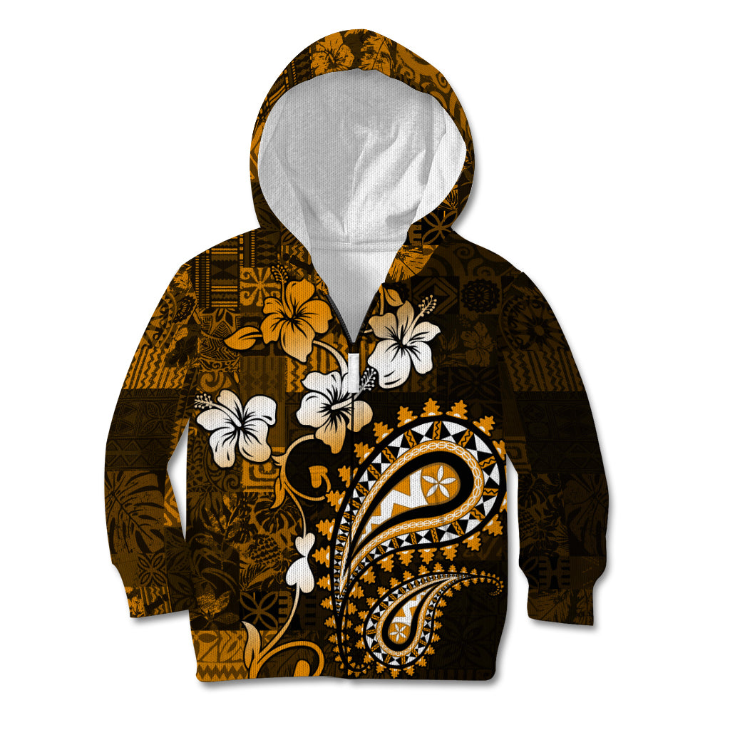 Fiji Masi Paisley With Hibiscus Tapa Kid Hoodie Gold Version LT01 - Polynesian Pride