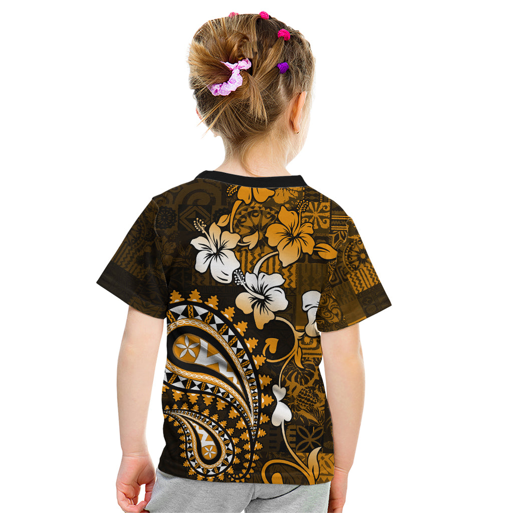 Fiji Masi Paisley With Hibiscus Tapa Kid T Shirt Gold Version LT01 - Polynesian Pride
