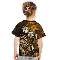 Fiji Masi Paisley With Hibiscus Tapa Kid T Shirt Gold Version LT01 - Polynesian Pride