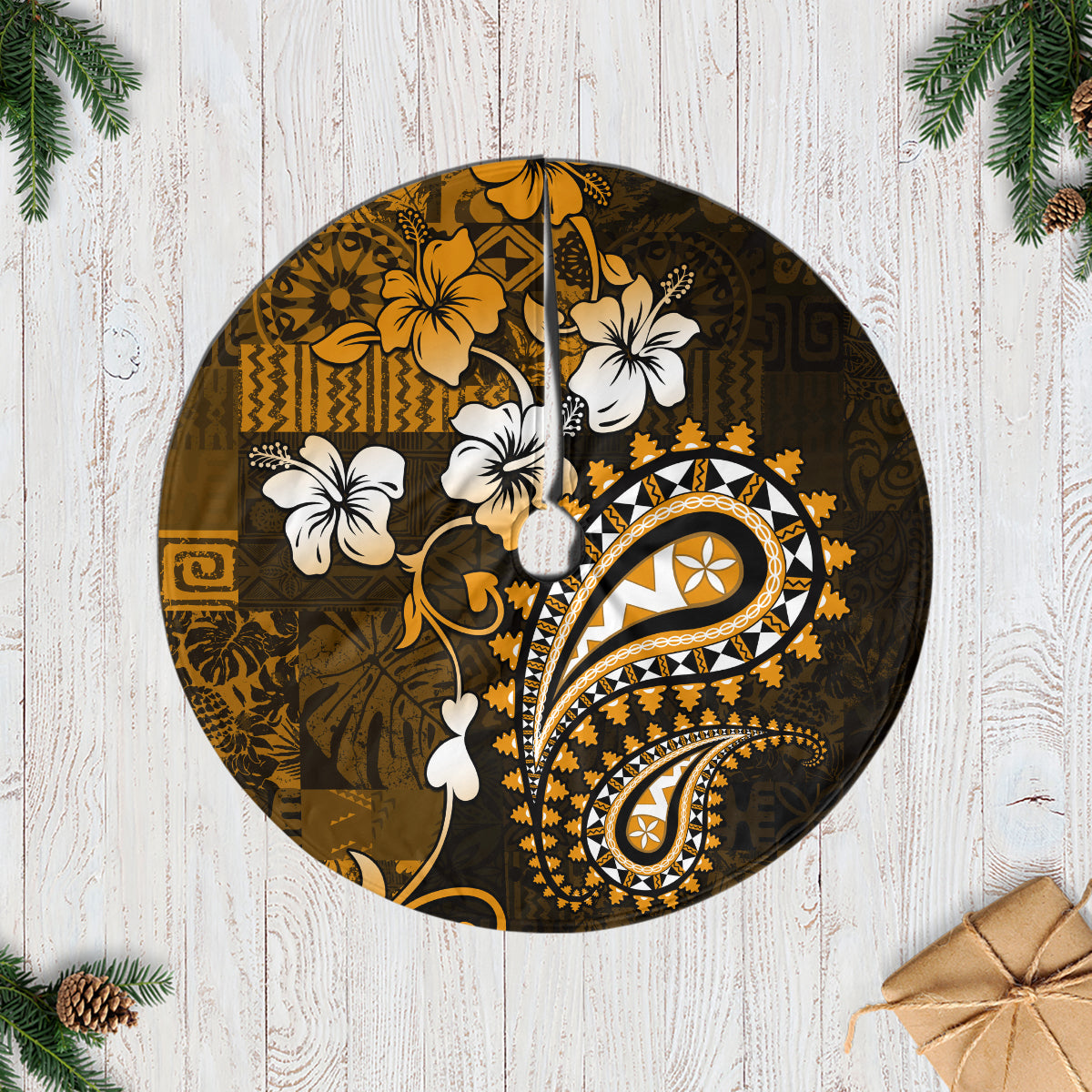 Fiji Masi Paisley With Hibiscus Tapa Tree Skirt Gold Version LT01 Casual Tree Skirts Gold - Polynesian Pride