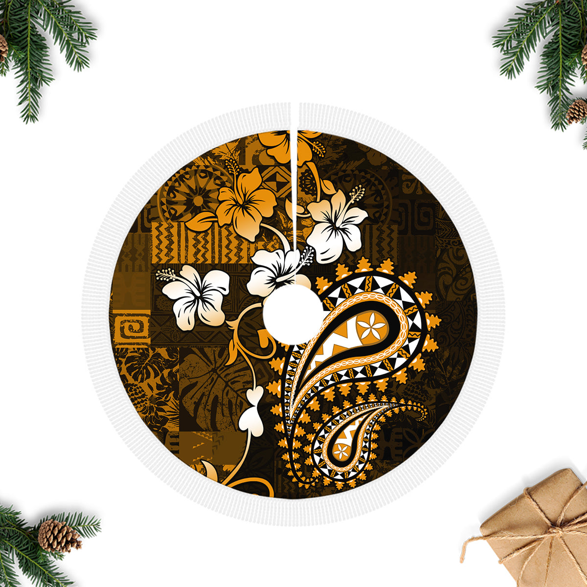 Fiji Masi Paisley With Hibiscus Tapa Tree Skirt Gold Version LT01 Fringed Tree Skirts Gold - Polynesian Pride