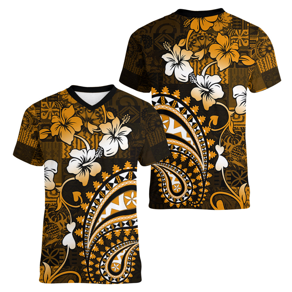 Fiji Masi Paisley With Hibiscus Tapa Women V Neck T Shirt Gold Version LT01 - Polynesian Pride
